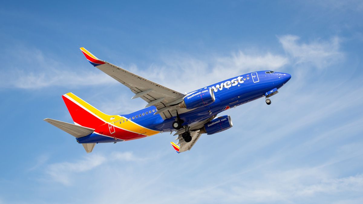 A Southwest Airlines jet aircraft in flight.