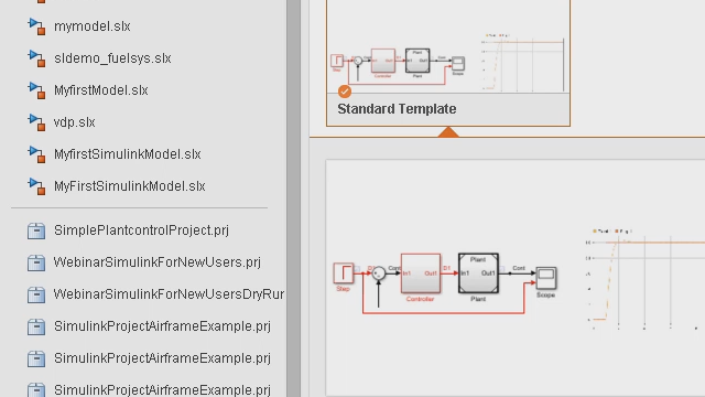 Save and share your model as a template so team members can access it right from the Simulink start page. In addition, explore examples that help get you started with models for many applications.