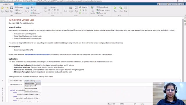 Learn how to get started with the Minidrone Virtual Lab modules, from the basics of autonomous systems to the details of control, maneuvering, and perception.