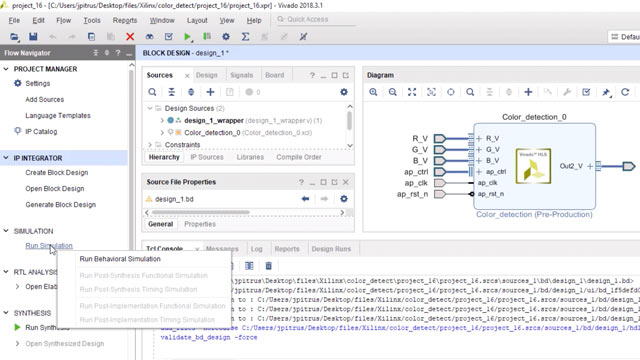 Import a color detection IP block and testbench into Vivado and perform design validation. Then create a standalone design, validate the design and run behavioral simulation.