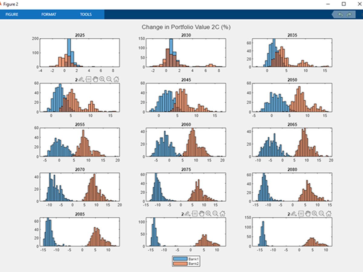 A screenshot showing climate scenarios used to calculate bank losses displayed as histograms.