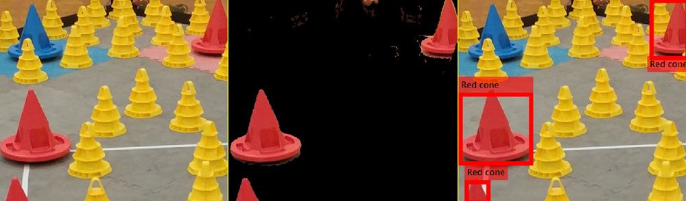 Three images: One of red, blue, and yellow cones; next, the red cones only; and last, all the cones but there are squares around the red ones.