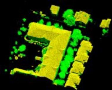 Aerial point cloud data with buildings and trees. 