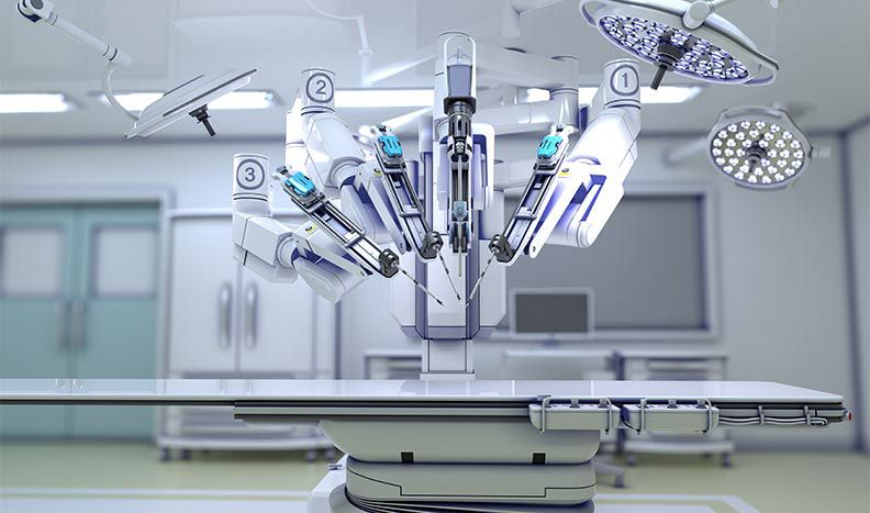 A surgical robot with multiple articulated arms in a modern operating room.