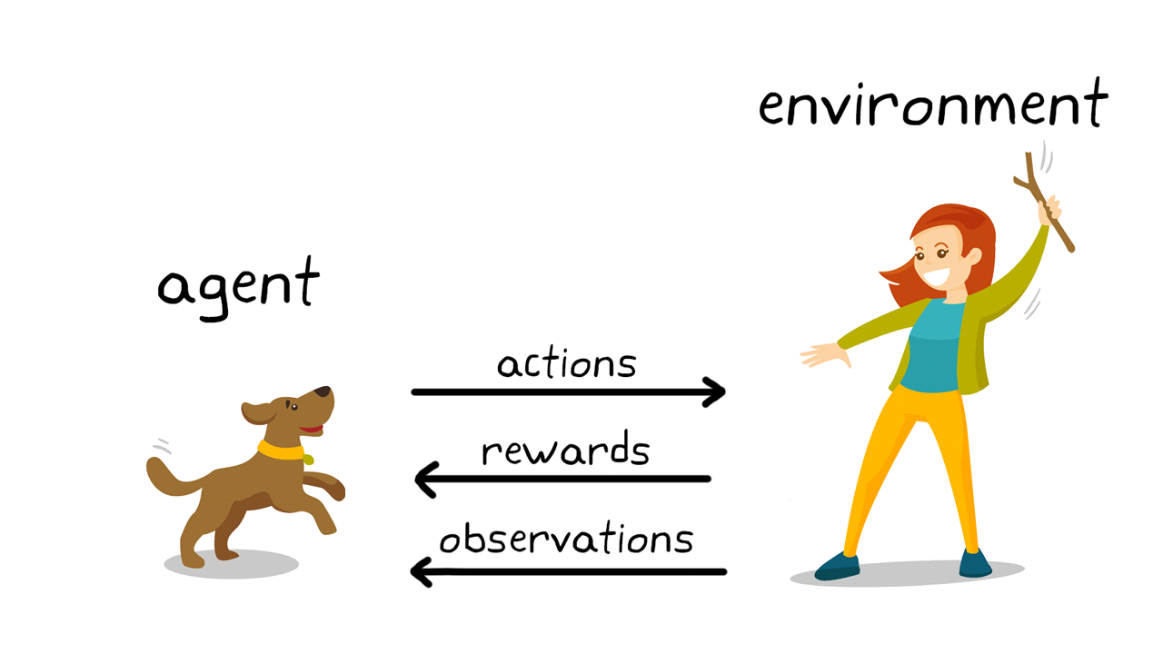 Illustration of a dog interacting with a trainer. In reinforcement learning terminology, the dog is the agent and the trainer is part of the environment.