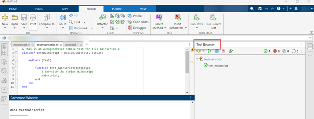 Screenshot showing the MATLAB Test Browser with an automatically generated test template. The output displays a green checkmark indicating the test passed.