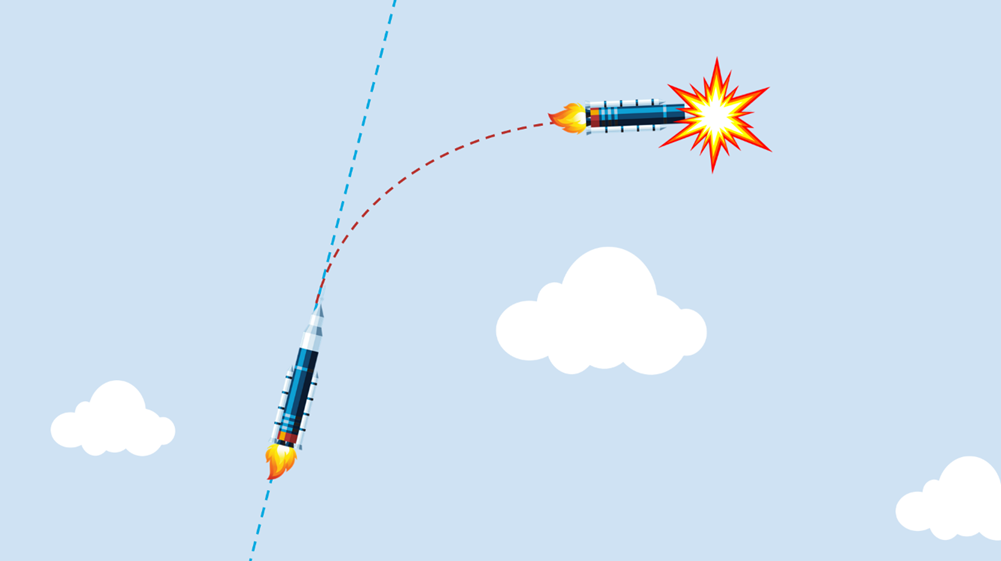 An illustration of a rocket in the sky with one blue, straight dotted line and one red, curved dotted line. The rocket follows the red, curved line and explodes.