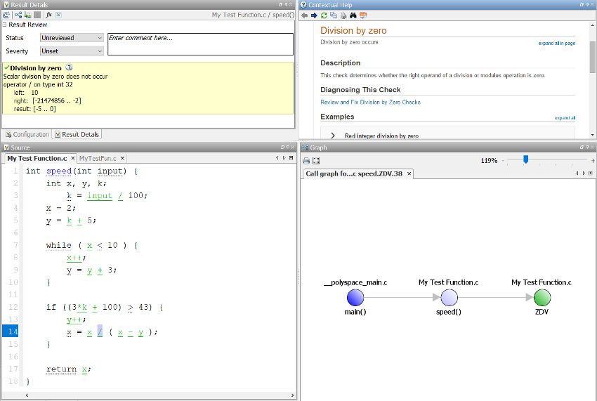 Division-by-zero checking using Polyspace Code Prover.