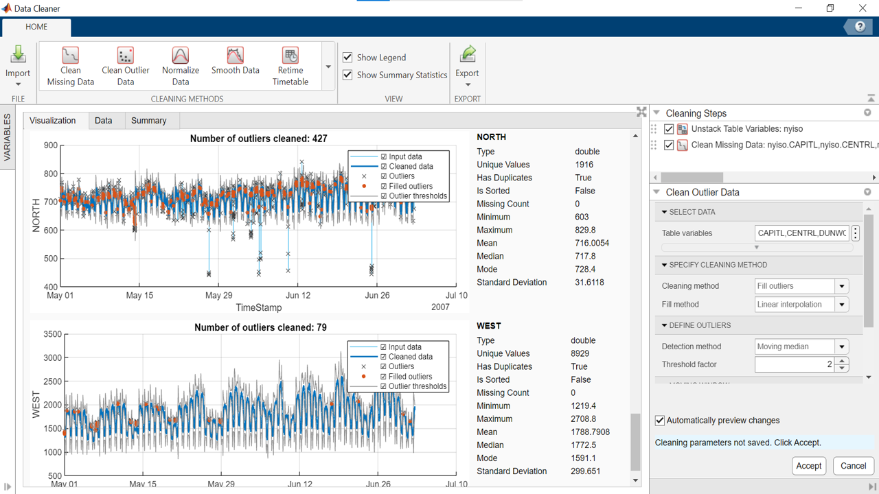 Screenshot of the Data Cleaner app used for handling outliers step in supervised learning. 