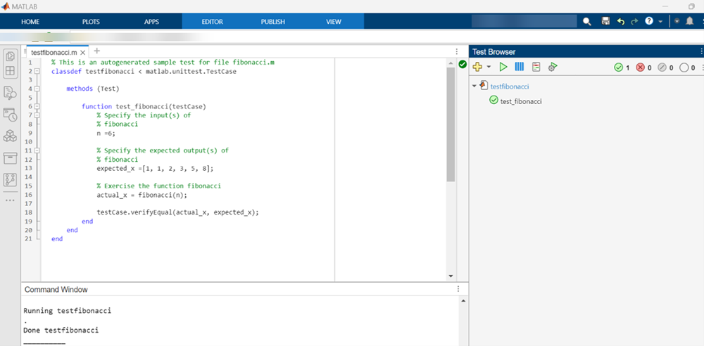 Screenshot of MATLAB Test Browser showing successful unit test of the fibonacci function, with green checkmark indicating the test passed.