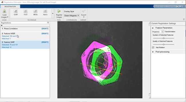 A screenshot of the Registration Estimator app aligning a pair of images of hex bolts to improve the accuracy of visual inspection.
