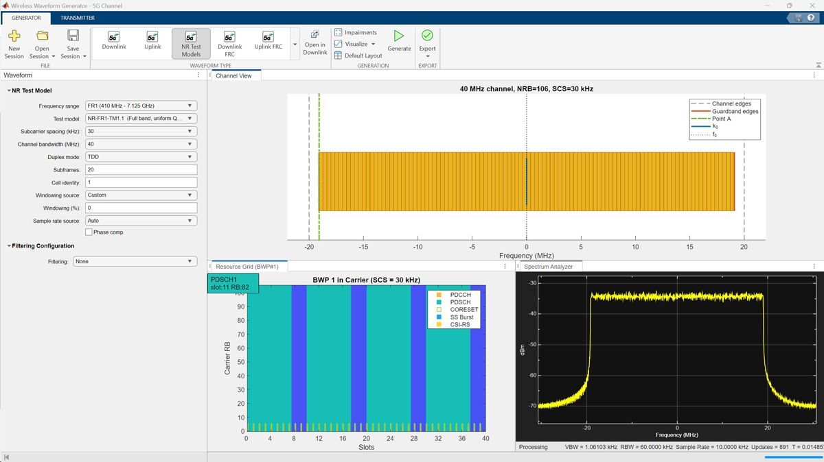 A screenshot of a 5G NR 5 GHz channel that is modeled and visualized using the Wireless Waveform Generator app, including the parameter tuning panel, a channel view, a resource grid, and a spectrum analyzer. 