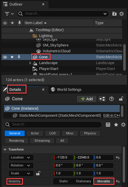 Unreal Editor details tab with mobility property set to movable.