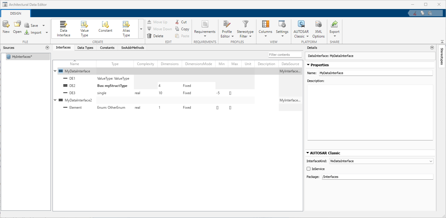 Architecture Data Editor displaying AUTOSAR Classic platform-specific capabilities.