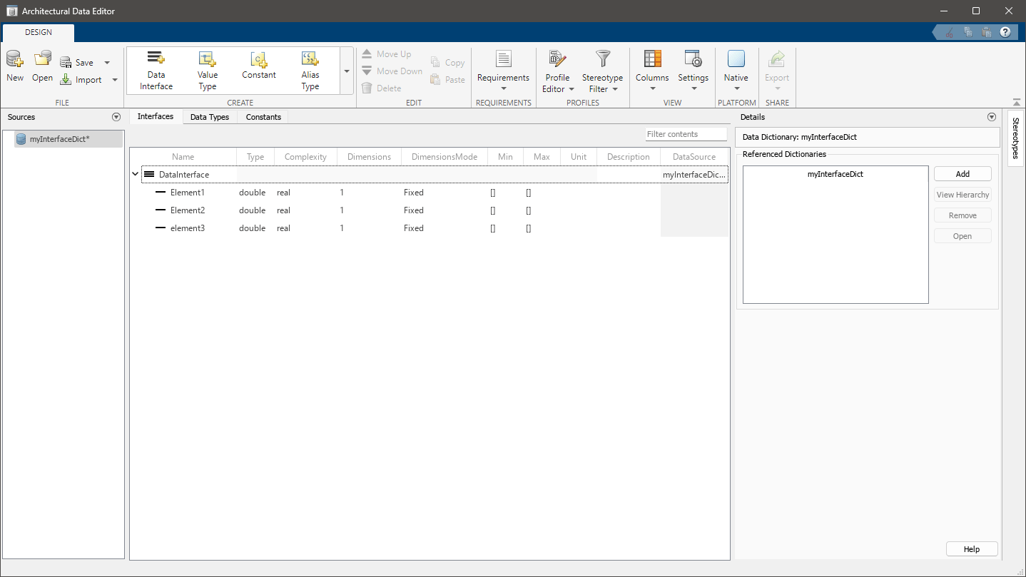 Architectural Data Editor window, displays the Interfaces tab. The Data Interface and its three data elements are visible in the Main Contents pane.