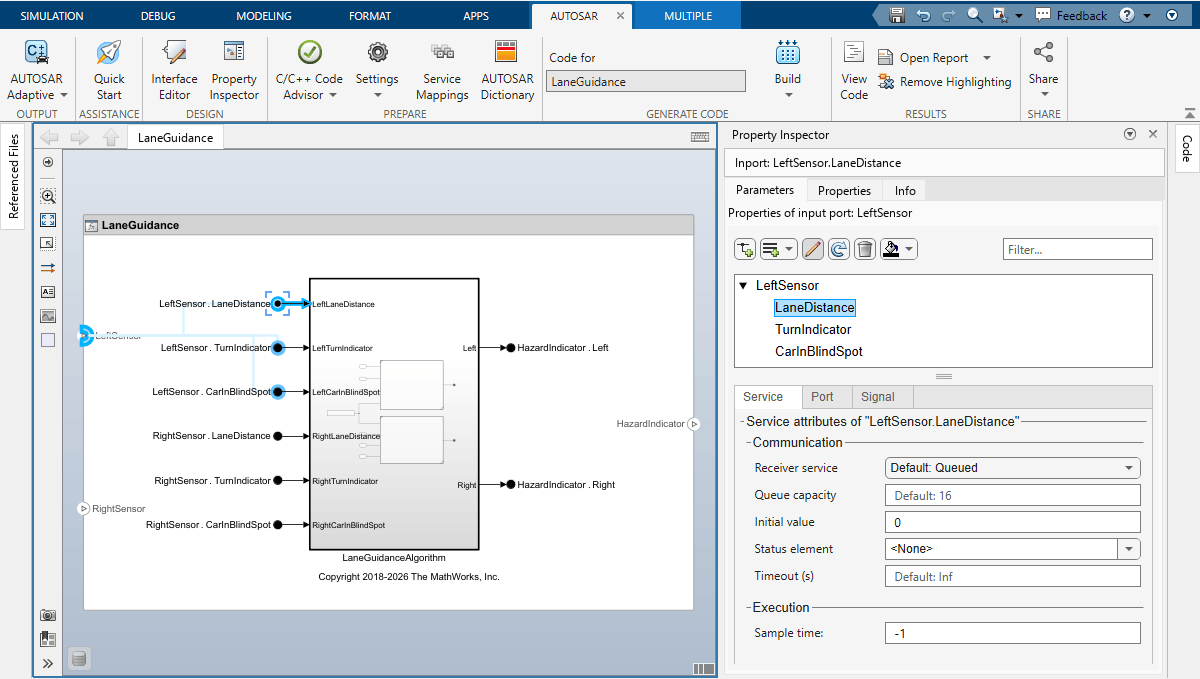 Software component model LaneGuidance with the Property Inspector open and LeftSensor.LaneDistance selected. The Service tab is displayed with the communication and execution properties.