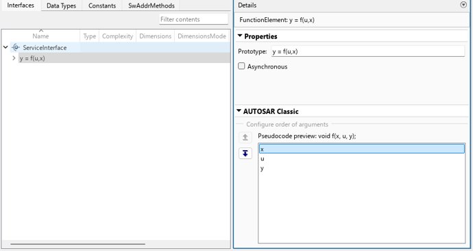 Architectural Data Editor. Function prototype of a service interface is selected, and the AUTOSAR Classic pane is expanded, argument x is selected enabling the buttons to move the argument down.