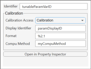 Dialog box to configure additional properties. The properties in the Calibration section, and their values, are: Calibration Access: Calibration, Display Identifier: paramDisplayID, Format: %2.1, and CompuMethod: myCoimpuMethod.