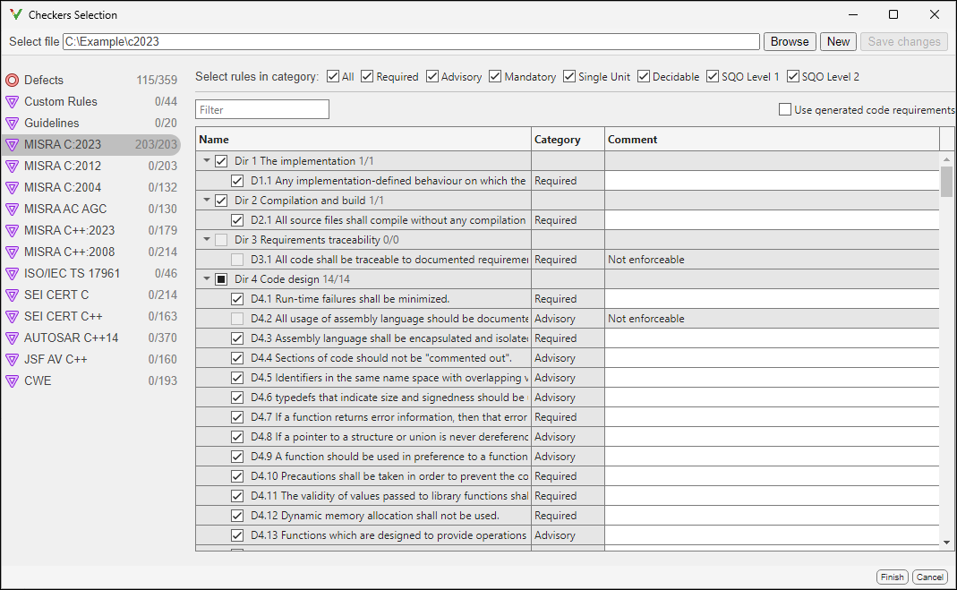 Checkers selection window with the All check box selected for MISRA C:2023 rules