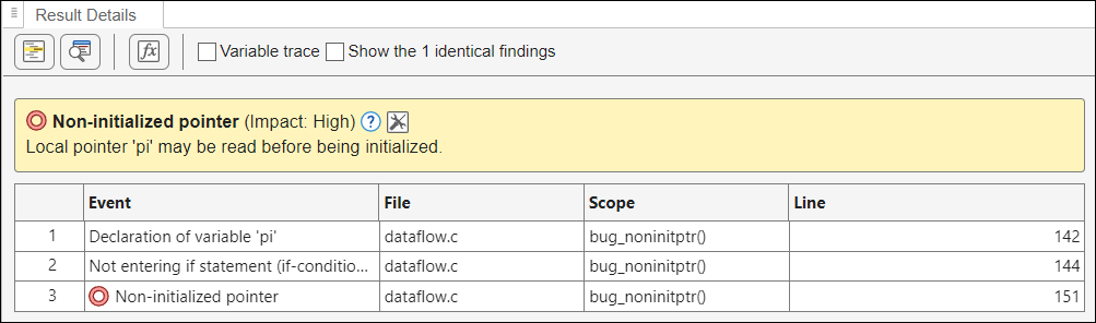 Result Details pane shows further details on the non-initialized pointer.