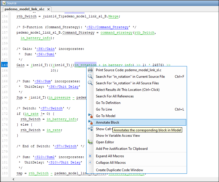 Right-click on a source code token that displays the result of a check and select the 'Annotate Block' option.