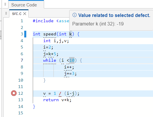 Tooltips on variables in source code show how the input value of -19 leads to the final values that cause the division by zero defect.