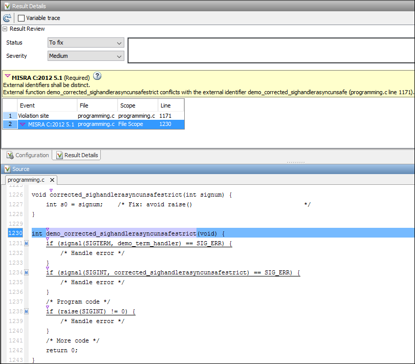 A snapshot of a typical Polyspace result showing a coding rule violation.