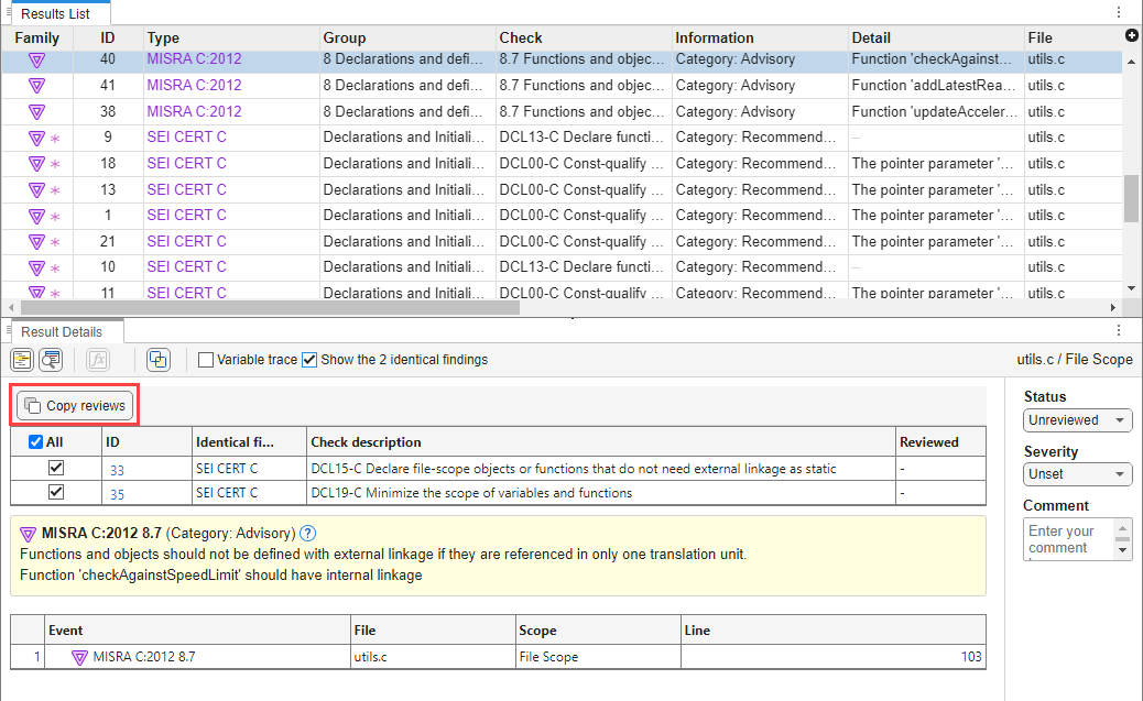 Results List and Result Details panes. In the Result Details pane, the option Show the 2 identical findings is selected. The Copy Reviews button is highlighted.