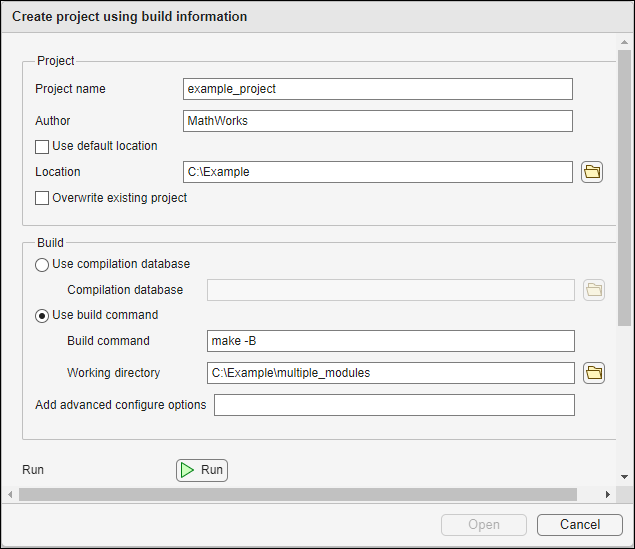 Example of Create project using build information window with build command