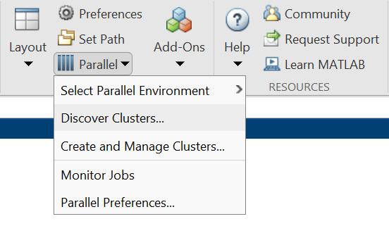 The toolstrip showing Discover Clusters under the Parallel menu in the Environment section.