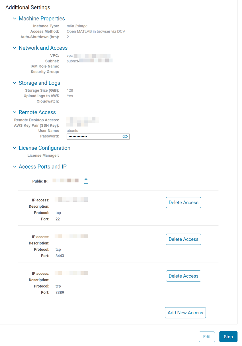 Additional settings in the details screen of the running resource configuration.