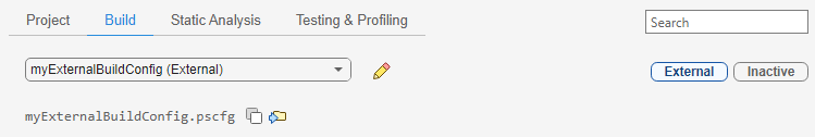 An external build configuration named myExternalBuildConfig in a Polyspace Platform project.
