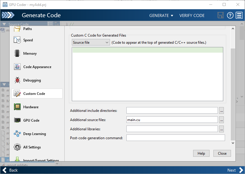 More settings window of GPU Coder app