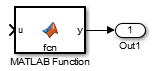 This image shows a MATLAB Function block attached to an Outport block.