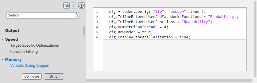 Script view of the configuration parameter dialog box.