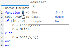 Code generation report showing variable-size dimensions