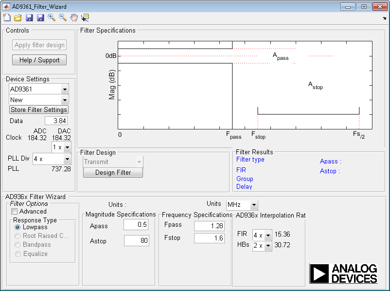 Use the ADI filter wizard to change the default filter design applied to the filter chain in the receiver or transmitter.