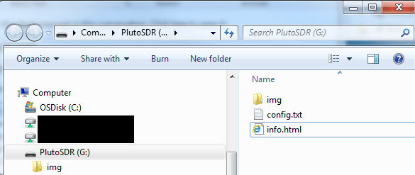 Verify that PlutoSDR is connected as a removable disk on your PC.