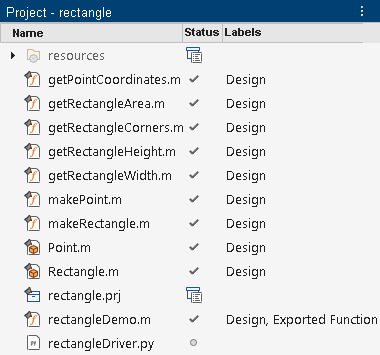 Project panel shows supporting files with the Design label and rectangleDemo.m with the Design and Exported Function labels