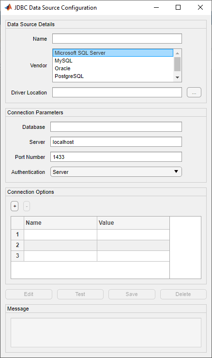 JDBC Data Source Configuration dialog box with the selected Microsoft SQL Server vendor