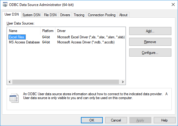 ODBC Data Source Administrator (64-bit) dialog box