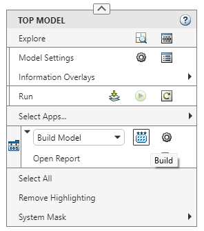 Simulink model context menu. Click build button in the DDS Application Designer options
