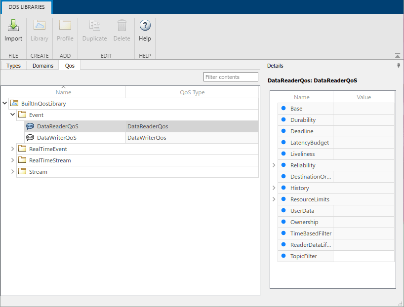 Display of QoS tab and Details pane in DDS Dictionary.