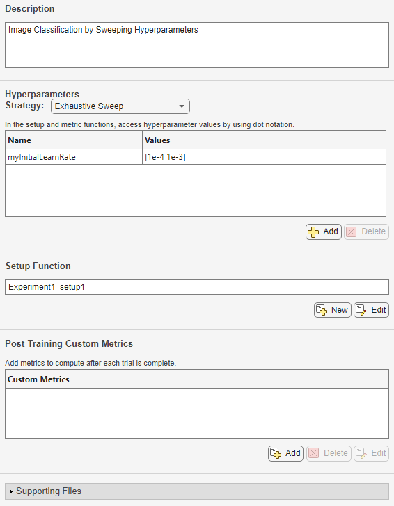 Experiment definition tab for the experiment created using the preconfigured image classification template