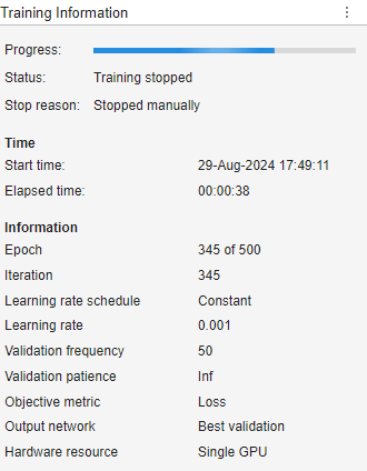 Training Information panel showing stop reason, elapsed time, current epoch and iteration, learning rate settings, and validation configuration.