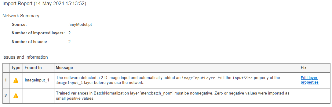 Deep Network Designer import report. The report highlights that there are two warnings for the import.