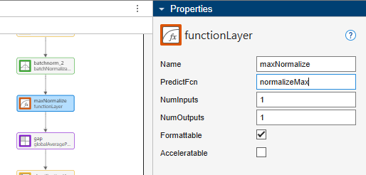 Properties pane for functionLayer showing PredictFcn set to normalizeMax.