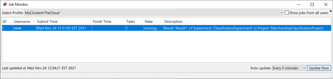 Job Monitor showing a batch job created with Experiment Manager.