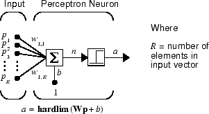 Diagram of a perceptron neuron showing input data being multiplied by individual weights, a bias value being added, and the hard-limit transfer function being applied to the result.