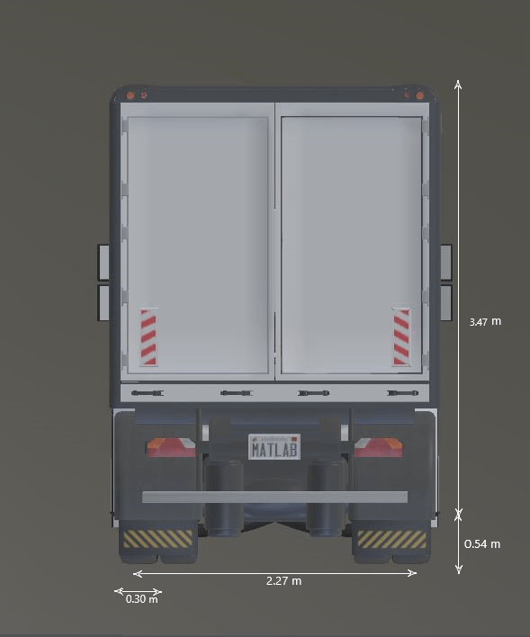 Rear view of box truck with the origin marked in blue beneath its center and its rear tire width, rear axle dimensions, and height shown. The rear tire width is 0.30 meters. The rear axle width is 2.27 meters. The height from the ground to the tire center is 0.54 meters. The height from the tire center to the top of the vehicle is 3.47 meters.